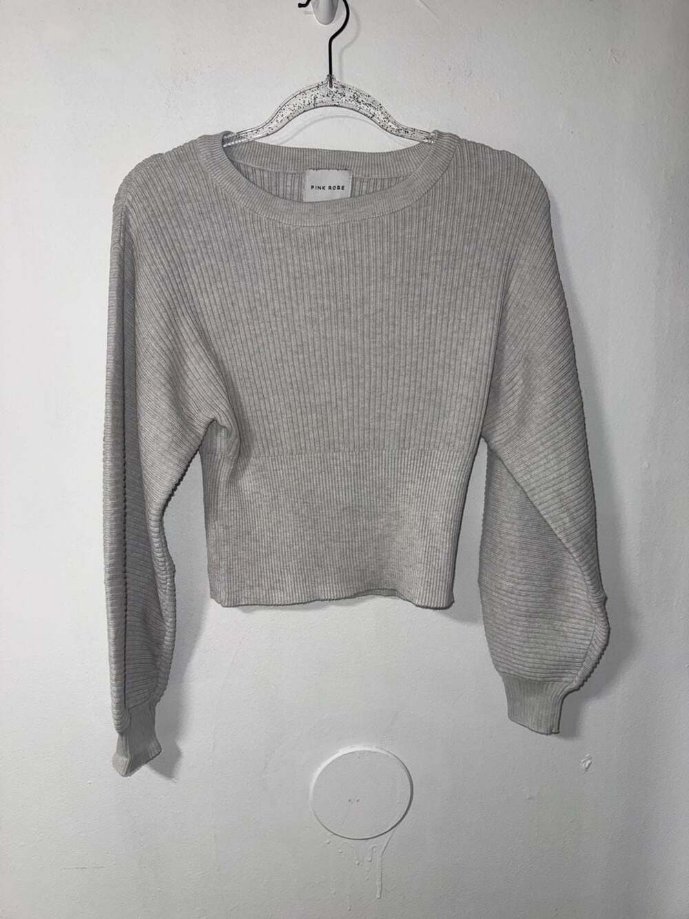 Pink Rose Gray Ribbed Knit Long Sleeve Crew Neck Cropped Sweater Size S